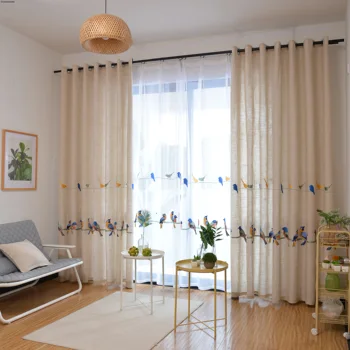 

Cotton Linen Curtains for Living Room Bedroom Pastoral Curtain with Embroidery Birds White Tulle Sheer Curtain Window Treatment