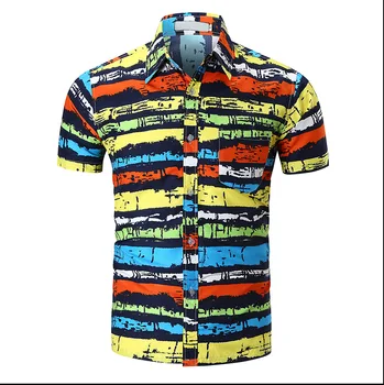 

2020 Summer New Style Men Printed Color Stripes Beach Short Sleeve Shirt Teenager Holiday Casual Printed Shirt