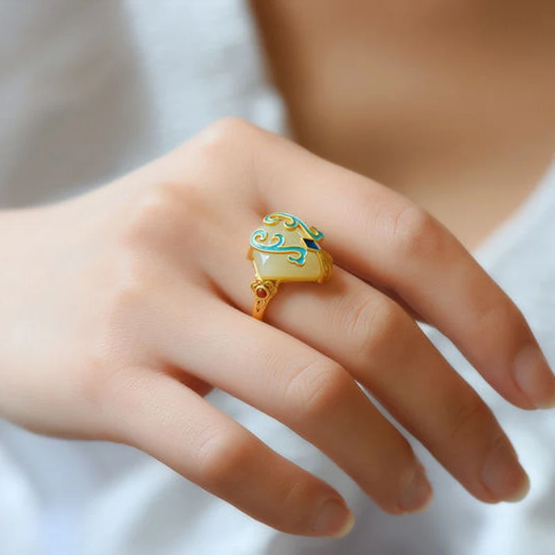 Silver Chinese retro enamel ring inlaid with Hetian jade adjustable opening for women silver ring,silver rings,jade ring