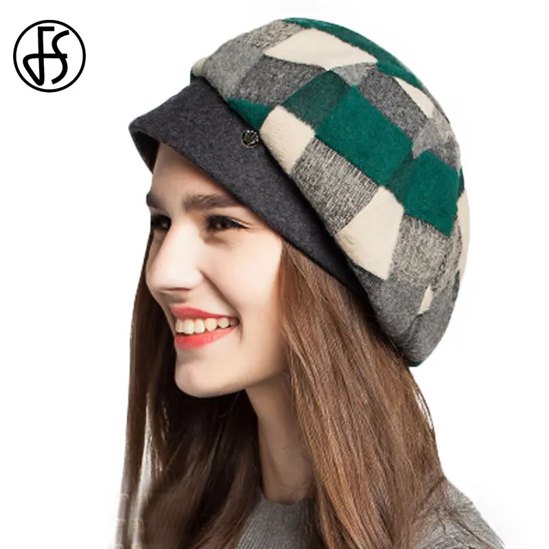 Женский фетровый берет FS теплый шерстяной в клетку красного оранжевого зеленого