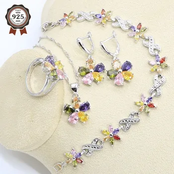 

Flower Shape Multicolor Zircon Silver Color Jewelry Set for Women Bracelet Earring Necklace Pendant Ring Gift Box for Jewelry