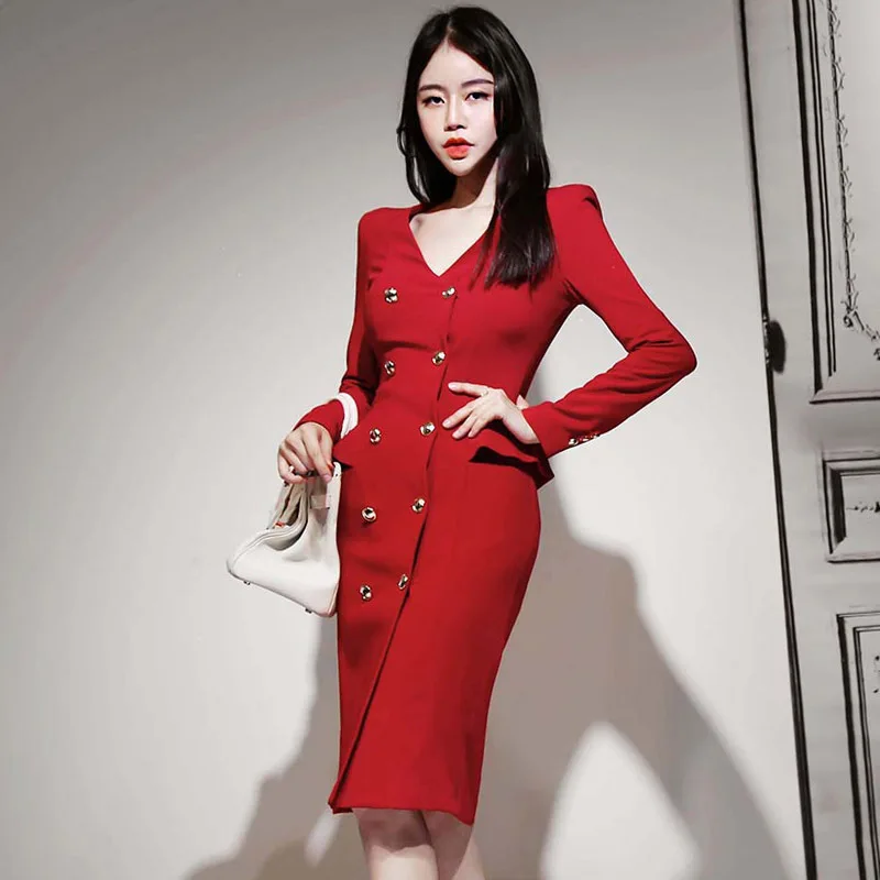 

987 #2019 Autumn And Winter New Style Korean-style Elegant V-neck Flounced Joint Double Breasted Slim Fit Slimming Dress