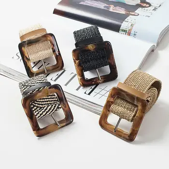 

Womens Retro Stretch Wood Grain Buckle Waist Belt Wide Braided Elastic Waistband