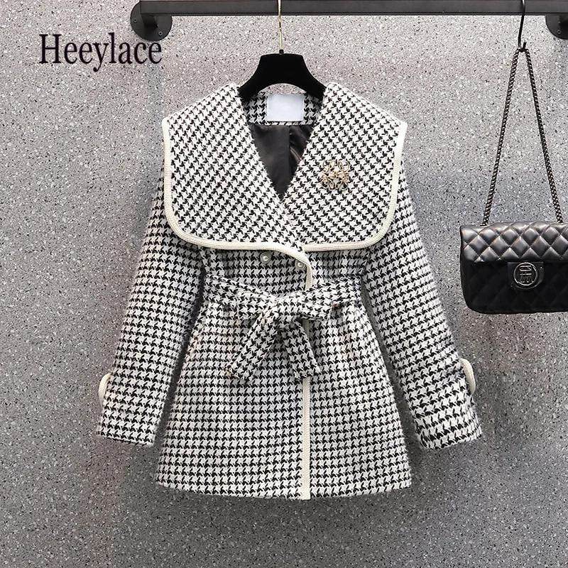 

Women Autumn Winter Long Sleeve Coats Sailor Collar Plaid Tweed Jacket Korean High Waist Outwear Woolen Jackets