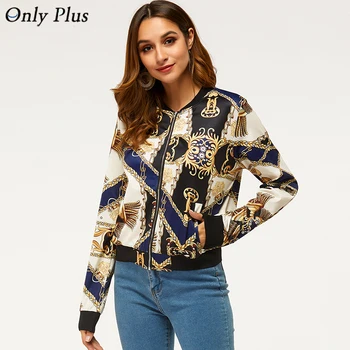 

Only Plus Vintage Women Spring Chains Print Bomber Jacket Coats 2020 New Long Sleeve Streetwear Outwear Casaco Feminino