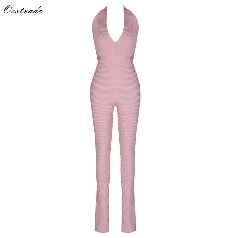 

Bandage Jumpsuit 2019 New Arrive Nude Ribbed Rayon Bandage Jumpsuit Sexy Club Bodycon Jumpsuit Bandage Woman