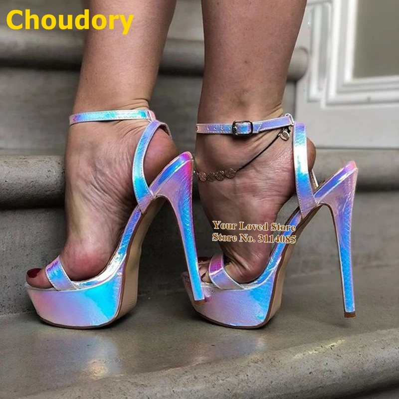 Choudory Pink Hologram Iridescent Snakeskin Sandals Stiletto Heels Platform  Python Pattern Reflective Dress Pumps Buckle Strap|High Heels| - AliExpress