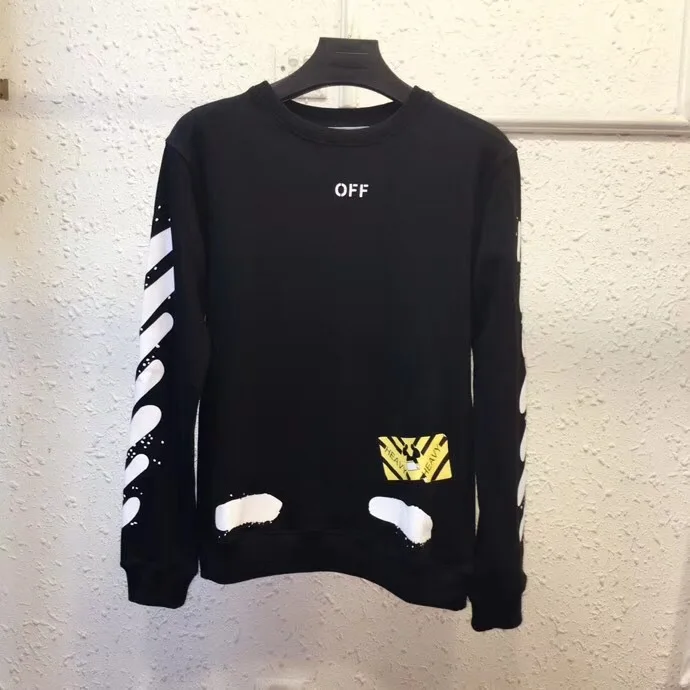 OFF-WHITE OW маленький желтый блок Зебра линии граффити круглый вырез длинный рукав осень и зима большой размер Свободный свитшот