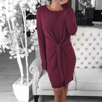 

Women Elegant Bandage Pencil Dress Tunic Wrap Hip Autumn Clothes O Neck Long Sleeves Vestidos Solid Irregular Mini Party Dresses