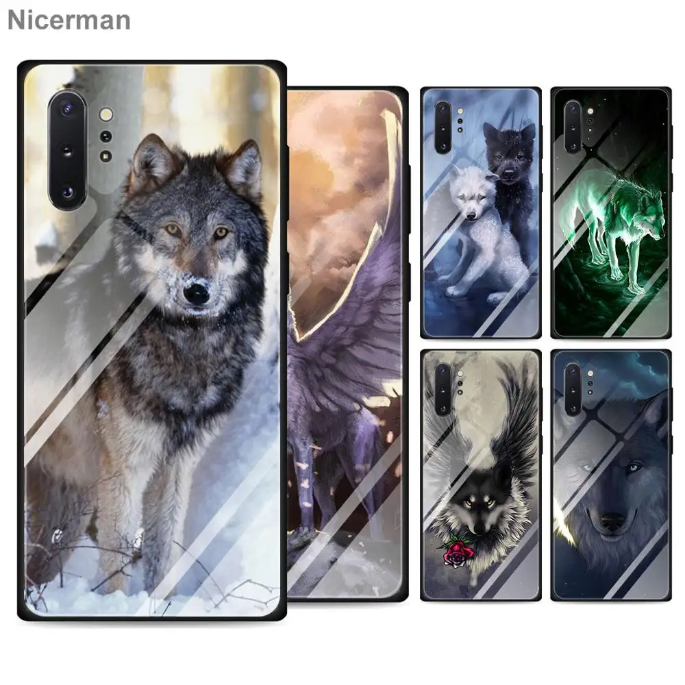 

Cute Wolf Dog And Cat Tempered Glass Case for Samsung Galaxy Note 10 10 Plus 9 S10 S8 S9 Plus S10e A50 A30 Cover Coque