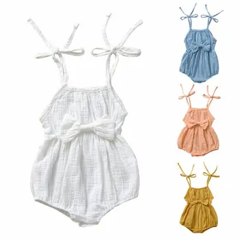 

2020 Summer Newborn Baby Bodysuit Sweet Girls Cute Clothes Srap Romper Cotton Linen Solid Jumpsuit Bowknot Soft Outfits