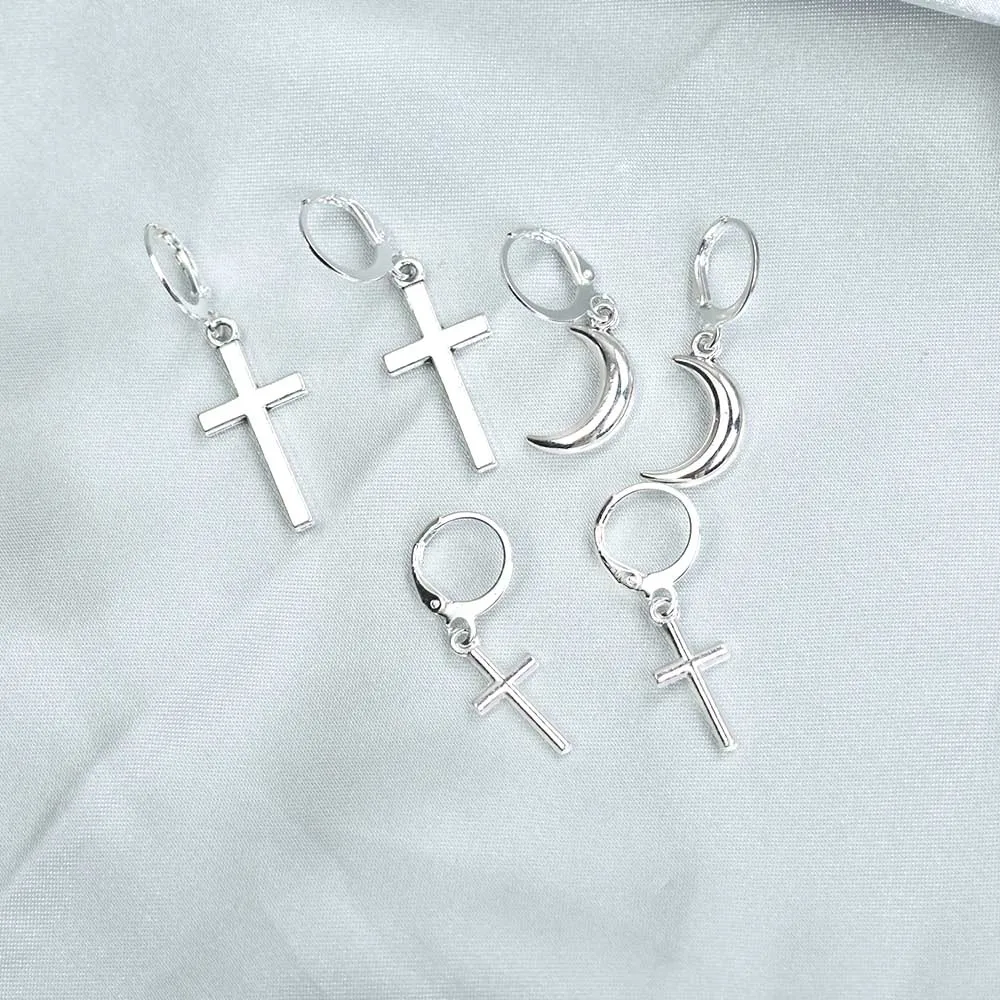 Dangle earrings cross earrings geometric earrings Silver Color Cross Moon Dangle Earrings For Women Fashion Jewelry Metal Geometric Earring Pendientes Mujer Moda