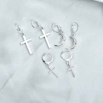 Silver Color Cross Moon Dangle Earrings For Women New Fashion Jewelry Metal Geometric Earring Pendientes Mujer Moda