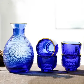 

Japanese Style Hammer Blue Qing Wine Pot Creative Spirit Wine Glass Liquor Divider Wine Cup Set Glass Warming Vessel for Wine