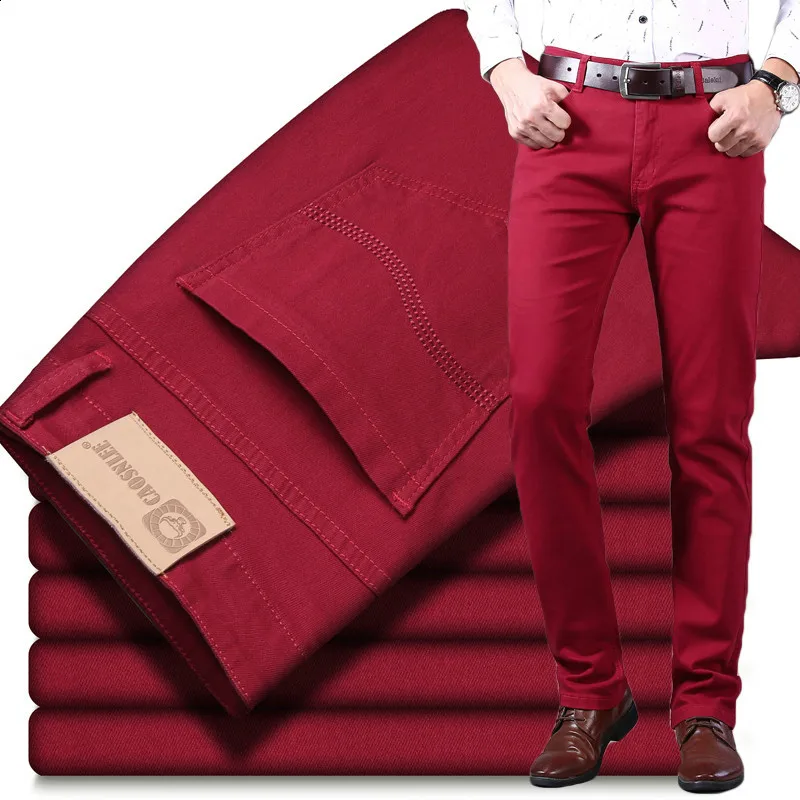 Pantalones vaqueros rectos para hombre, jeans casuales de marca, color vino tinto, moda de boutique, de negocios, para primavera y verano