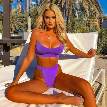 

Melphieer 2020 New Purple Bikini Sport High Cut Small Thread Bikinis Set Strappy Biquini Swimsuit Swimwear Women Bathing suit