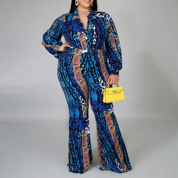 

XL-6XL Plus Size Jumpsuit Women Overalls Leopard Print Office Fashion Flare Pants Ladies Bellbottoms Blue Long Jumpsuits 2020