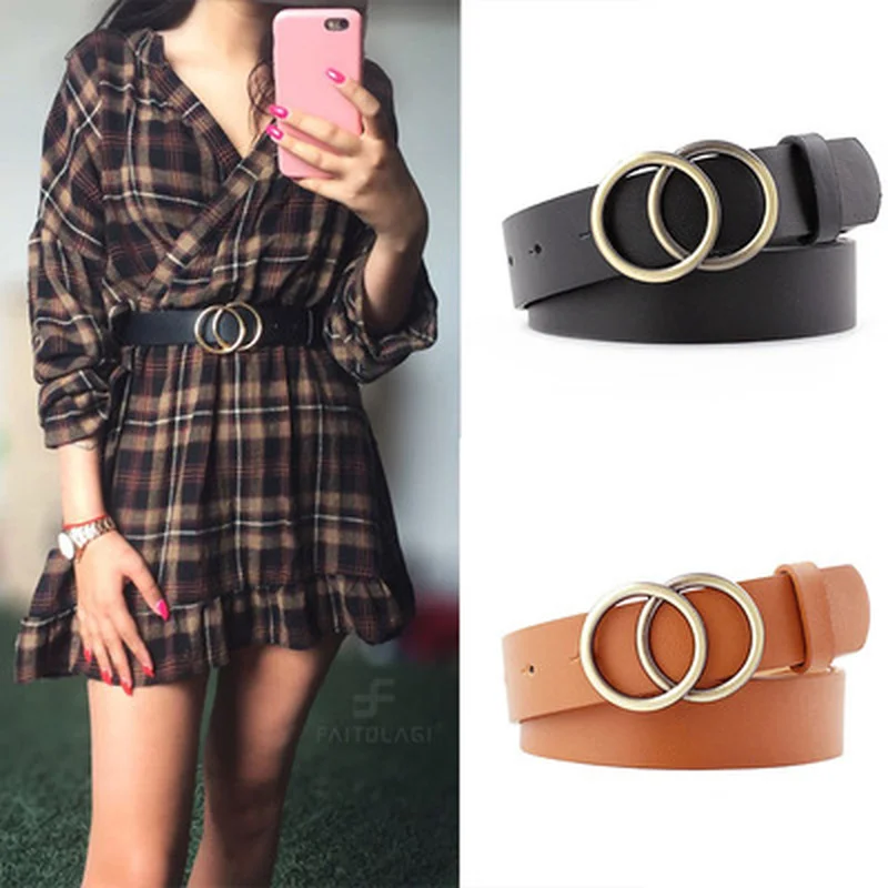 

1Pcs Double Ring Women Belt Fashion Waist Belt PU Leather Metal Buckle Heart Pin Belts For Ladies Leisure Dress Jeans Waistband