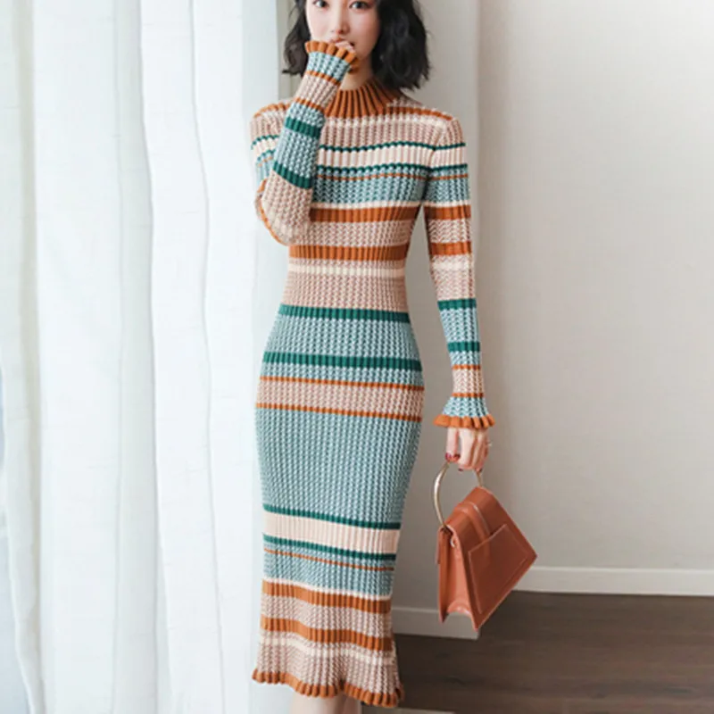 

Women Sweater Dress Long Sleeve Turtleneck Elegant Knitted Dress 2020 Autumn Winter Casual Lady Bottoming Cotton Dress