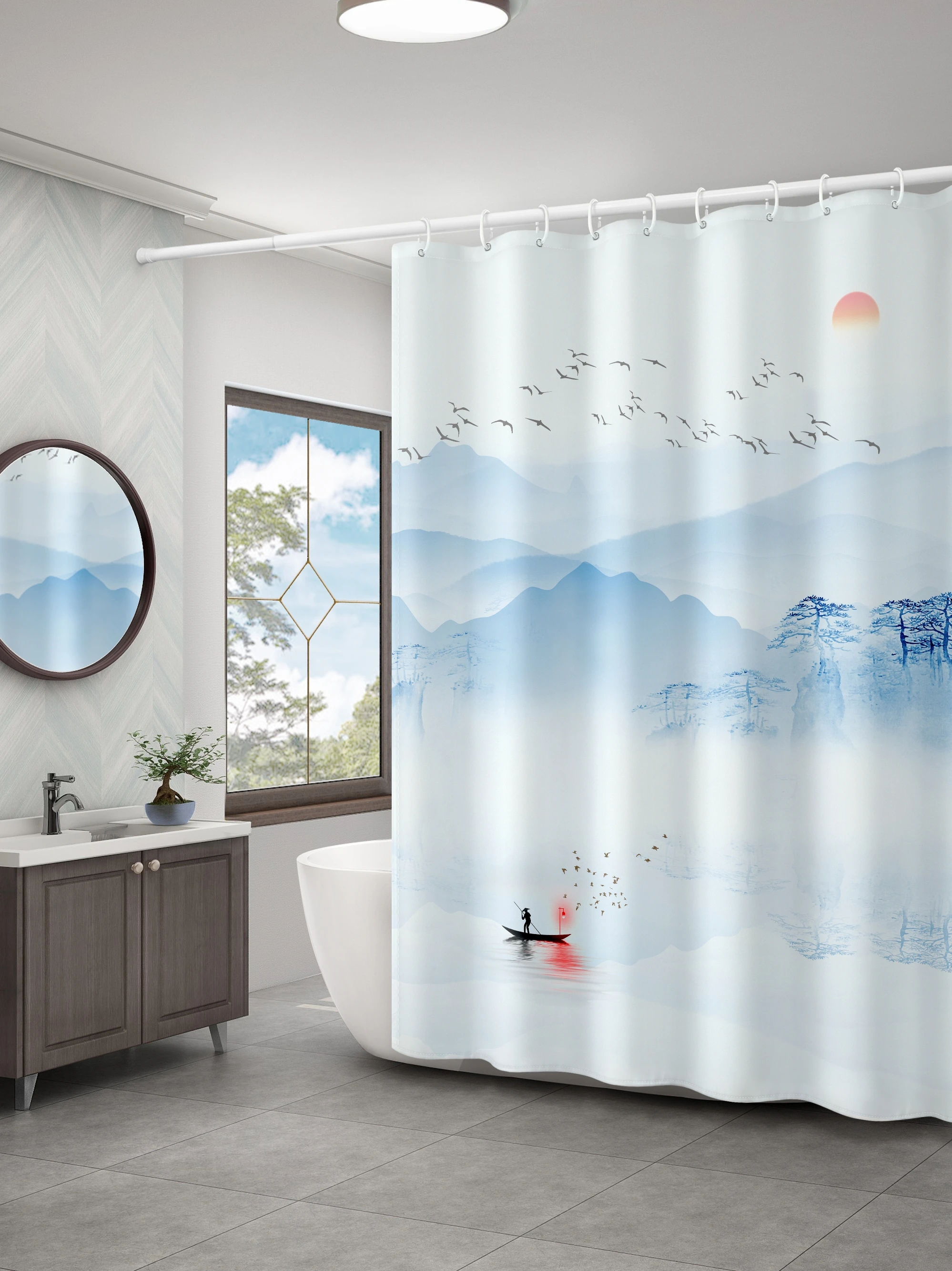 Chinese Style Landscape Picture Shower Curtain Thickened Waterproof