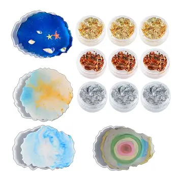 

4Pcs Irregular Wave Shape Silicone Geode Coaster Resin Molds with Foil Flakes N58F