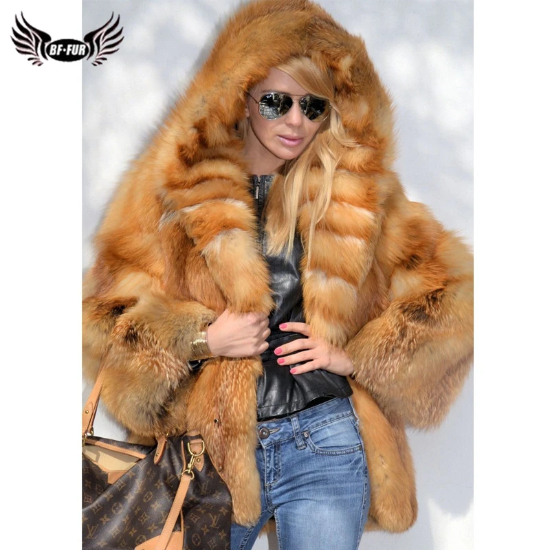 red fox fur coat with hood