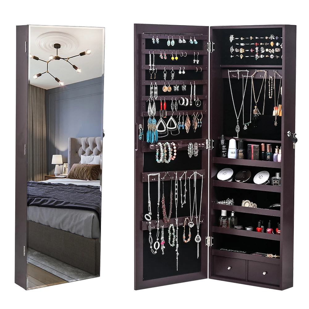 

Full Mirror Wooden Wall Hanging 5-Layer Shelf 2 Drawer Jewelry Storage Mirror Cabinet Dark Brown Living Room Cabinets