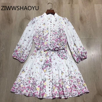 

ZIWWSHAOYU Women Summer Multicolor Ditsy Floral Print Bohemian Holiday Dress Designer Ladies Bow Belt Ruched Chic Mini Dresses