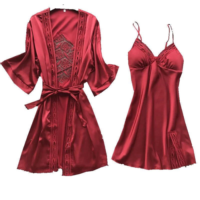 2020 Women Satin Sleepwear 2 Pieces Pyjamas Sexy Lace Pajamas Sleep Lounge Pijama Silk Night Home Clothing Pajama Suit | Женская одежда