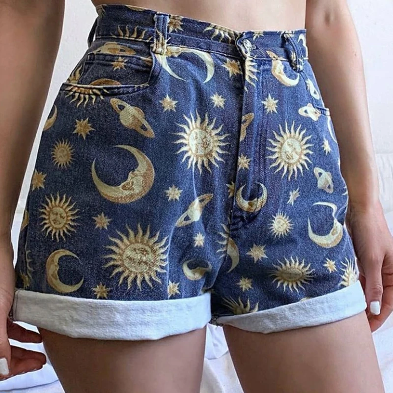 Pantalones cortos de tela vaquera para mujer, Shorts con estampado de Planeta, corto holgado la escuela, Vaqueros cortos mujer|Pantalones cortos| - AliExpress