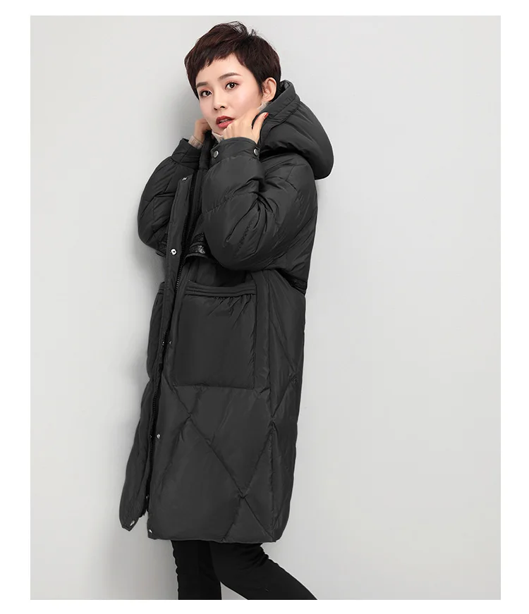 Thick Hooded down Jacket Women's Mid-length Winter New Style Stripes Korean-style Loose And Plus-sized Warm Coat
