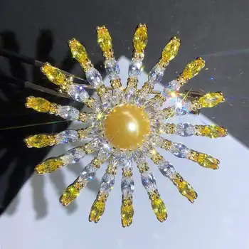 

DIY accessories thick gold plated micro inlay zircon shell pearl has fashion sunflower brooch clothes pin spot