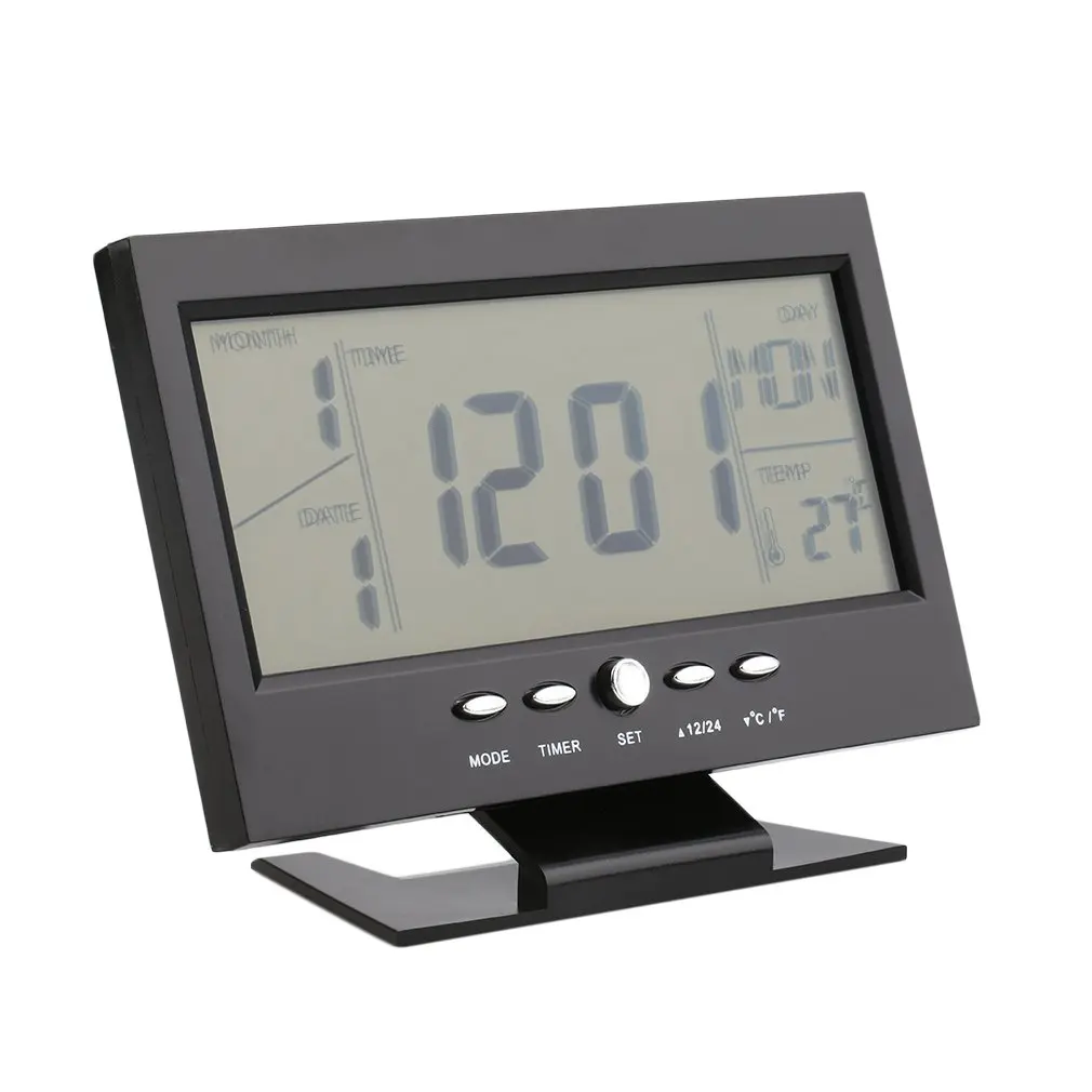 Voice Control Back-light LCD Alarm Clock Weather Monitor Calendar With Thermometer Desk Clock 2 Colors Drop Shipping