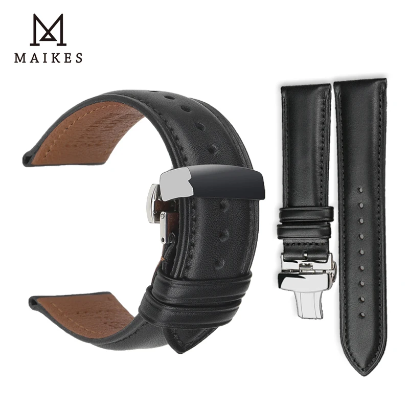 MAIKES Vintage Genuine Leather Watch bands Butterfly Buckle 18-24mm Women Men Cowhide Black Watch Strap Watch Accessories