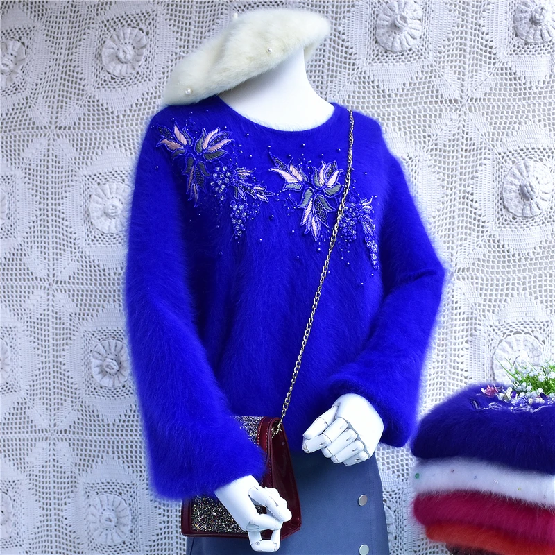 Oversize women autumn vintage long sleeve o-neck hand knitted angora rabbit fur beading cashmere loose pullover sweater