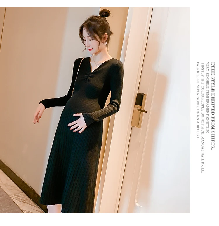508# осенне-зимнее корейское модное трикотажное платье для беременных с v-образным вырезом, облегающая Одежда для беременных женщин, элегантный кардиган для беременных