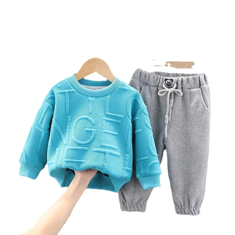 

2PCS Autumn Winter Baby Toddler Sporty Designer Clothes Boy Girl Clothes Set Children Sets Thick Blue Sweatshirt and Gray Pants