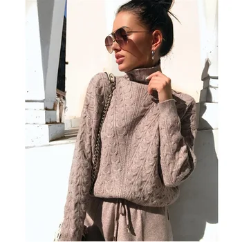

Autumn Winter Knitted Turtleneck Tracksuit For Women Casual Knitted Trousers+Turtleneck Sweater Women's Suit Warm Female Tracks