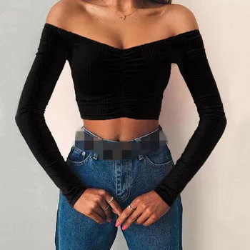 

Women Summer Crop Top Off Shoulder V Neck Tank Top Women Vest Solid Color Long Sleeve Crop Tops Shirts Tee Shirts Ladies Clothes