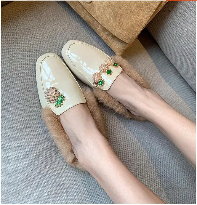 Womens Real Rabbit Fur Backless Pineapple Pearls Leather Slipper Mule Slide Princetown Shoes Square Toe Mules Warm
