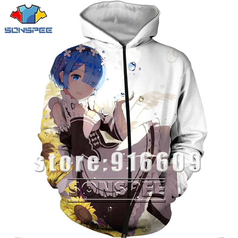 Re Zero Rem 3D Print Hooded Sweatshirt Women Men Ram Anime Hoodies Casual Design Jacket Harajuku style Pullover Zipper Hoodie (3)