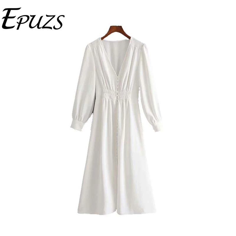 

Summer dress 2019 Vintage button long sleeve white Dresses women v neck office Casual midi dress female korean Vestidos