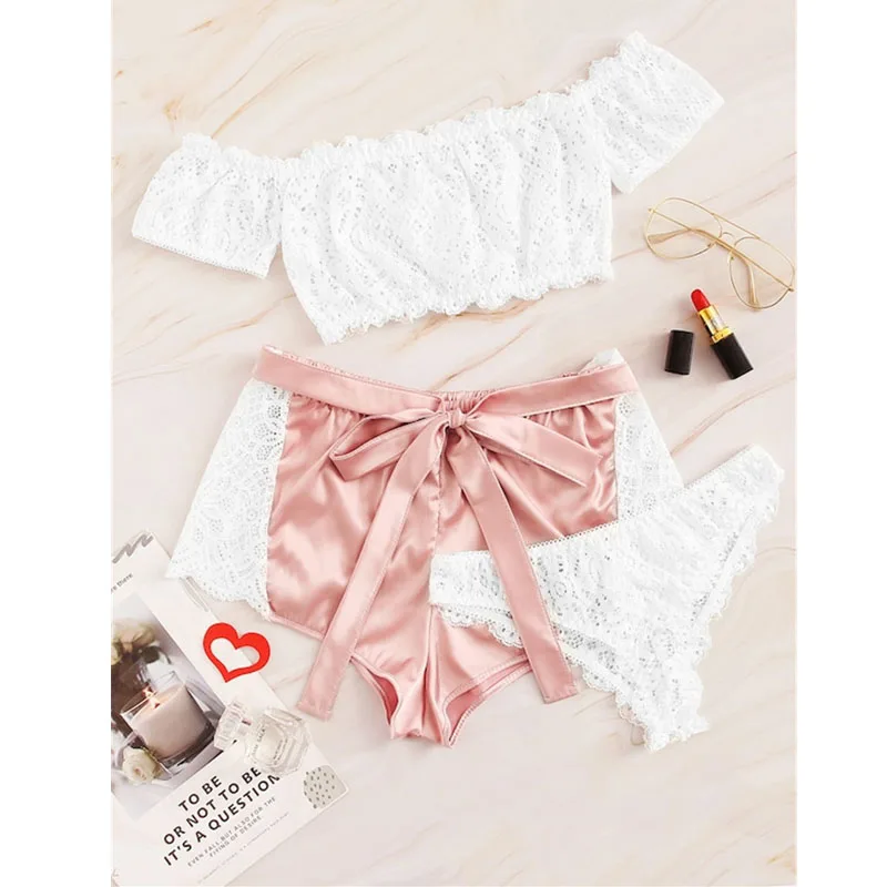 New 3PCS Women Lace Sexy Pajama Sets Babydoll T Shirt Top Shorts G-String Underwear Ladies Lingerie Nightwear Sleepwear Pajamas