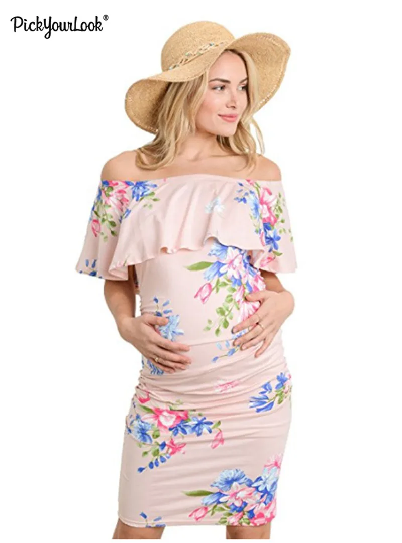 

2019 Women's beach dress Breastfeeding Off Shoulder Floral Dresses clothes for pregnant women party dress maxi ruffle D35
