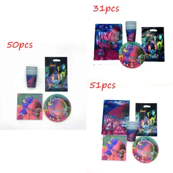 

51pcs/lot Trolls Theme Happy Birthday Party Decoration Disposable Party Supplies Gift Bags Plates Cups Napkins Tablecloth Supply