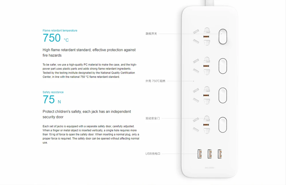 Xiaomi розетка с 4 портами, 4 переключателя управления, 3 разъема USB, быстрая зарядка 2,0, удлинитель, безопасная дверь