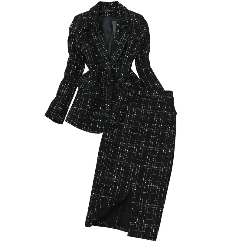 Lady Woolen Houndstooth blazer 2 Piece Set Winter Women Bow Tweed +Pencil split Skirt Suit |