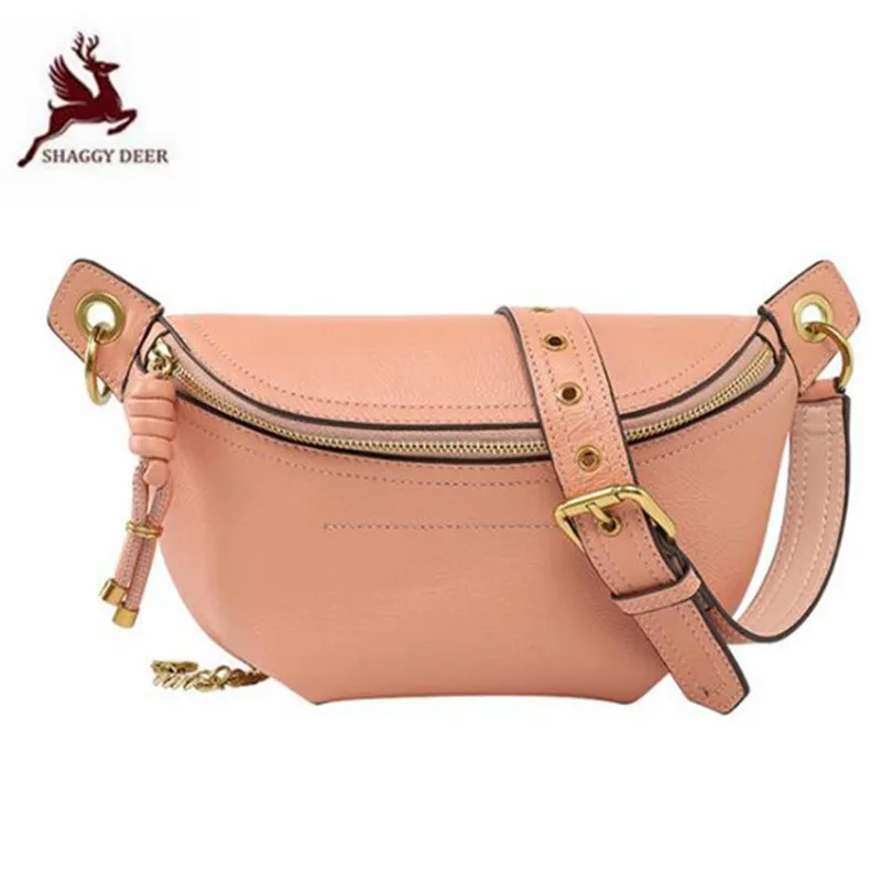 

Pink New Genuine leather Hobos Shoulder Bags Simple Casual All-match Lady High End Waist pack
