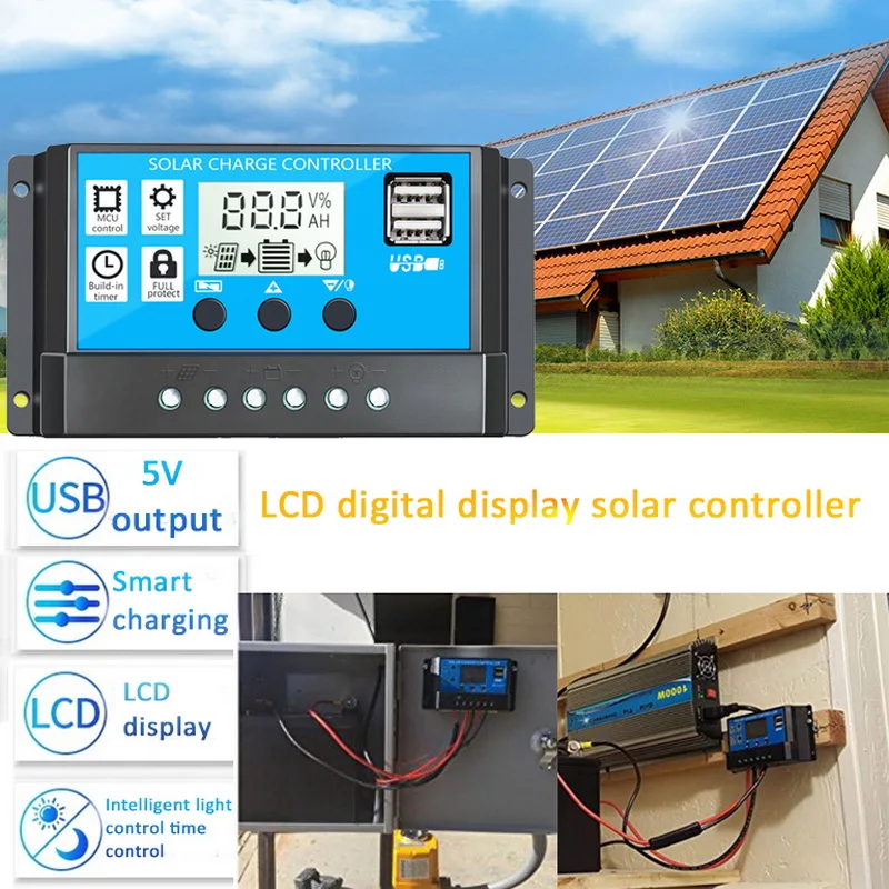 

10/20/30A Solar Charge Controller 12V/24V Auto PWM 5V Output Solar Panel Battery Controller Regulator With Dual USB LCD Display