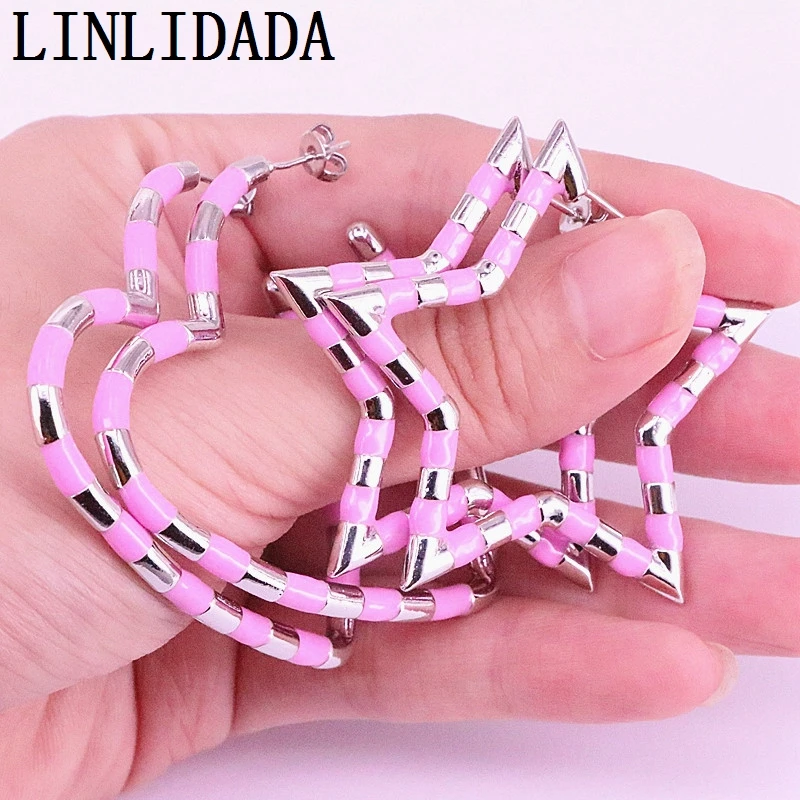 

5Pair Pink Enamel Star / Heart Shape For Women Jewelry Fashion Silver Color Big Stud Earring